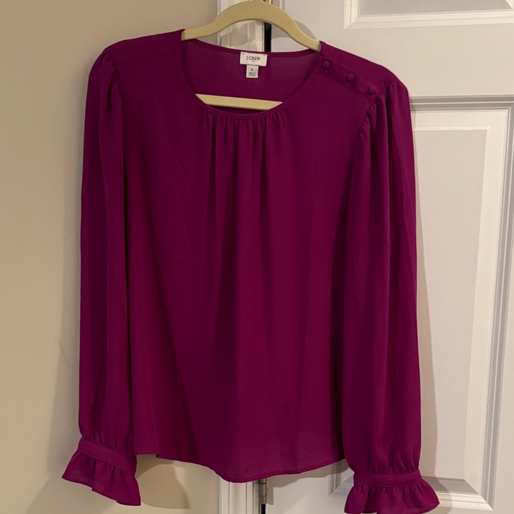 J. Crew Factory Fuchsia Blouse with Ruffle Sleeves
